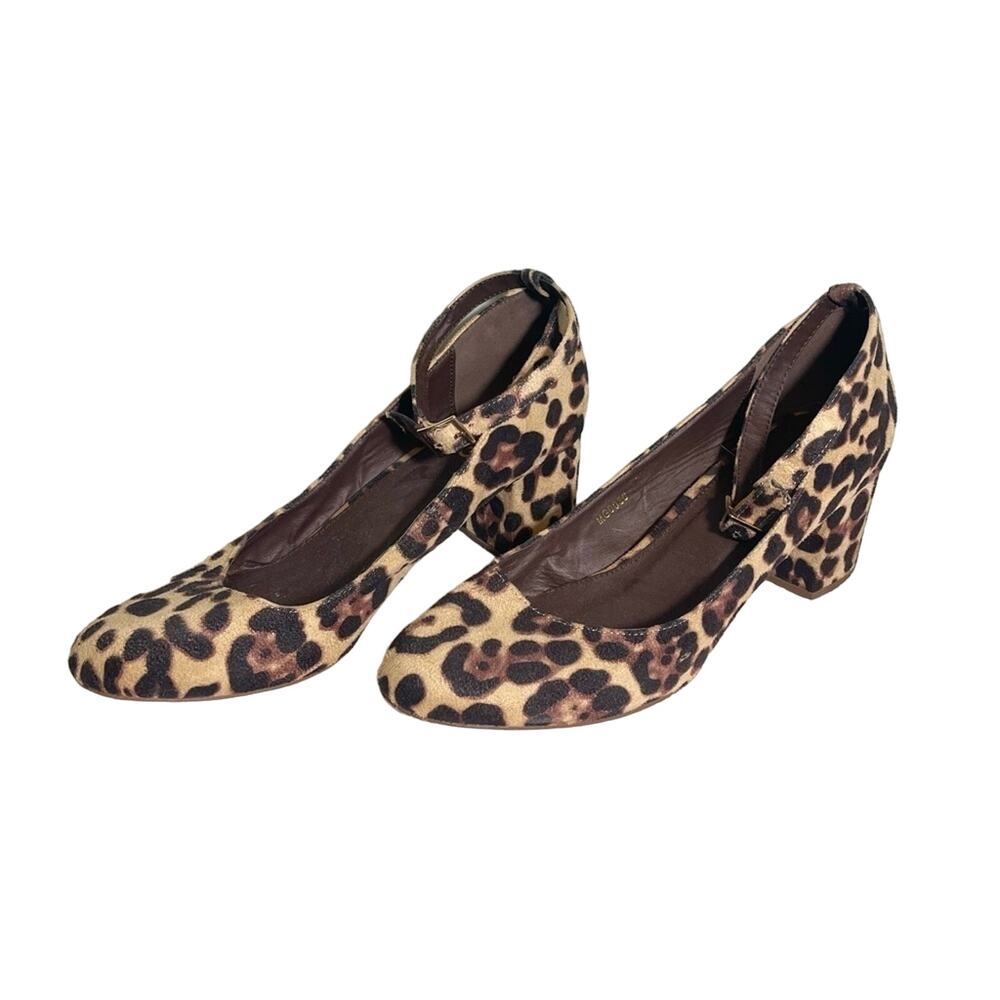 Ollio Women's Brown Leopard Faux Suede Chunky‎ Mid-Heel Ankle Strap Pumps Size 9